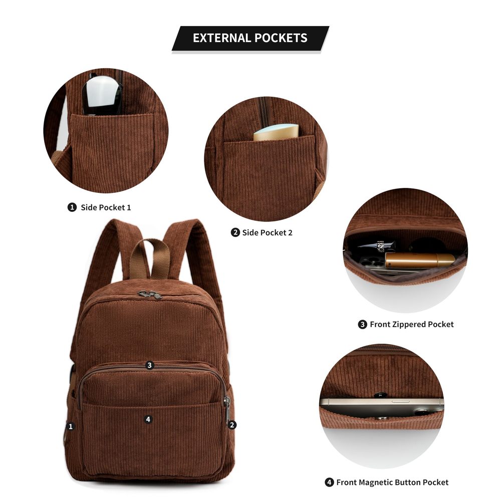 Corduroy Backpack Purse, Small Casual Daypack for Women, Cute Mini Retro🥺 - Picture 4 of 6